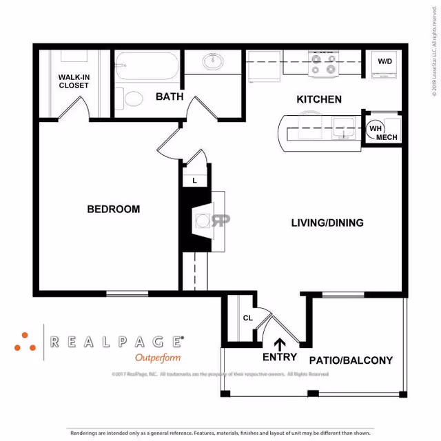 Floor plan of a one-bedroom apartment featuring a bedroom with a walk-in closet, a bathroom, a kitchen with appliances, a combined living and dining area, an entryway with a closet, and a patio or balcony.