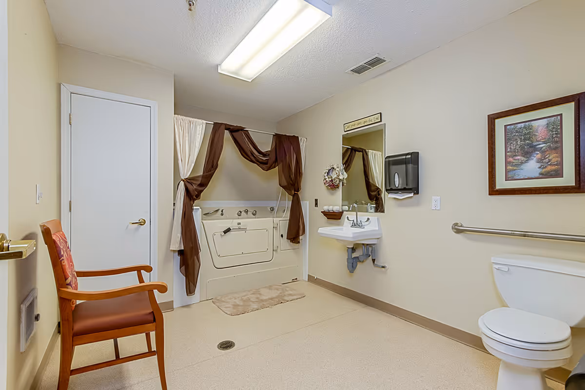 A spacious senior living bathroom with a walk-in bathtub draped with brown and cream curtains, a white toilet with a safety grab bar, a wall-mounted sink with a mirror above it, a paper towel dispenser, a wooden chair with a red cushion, and a framed landscape painting on the wall.