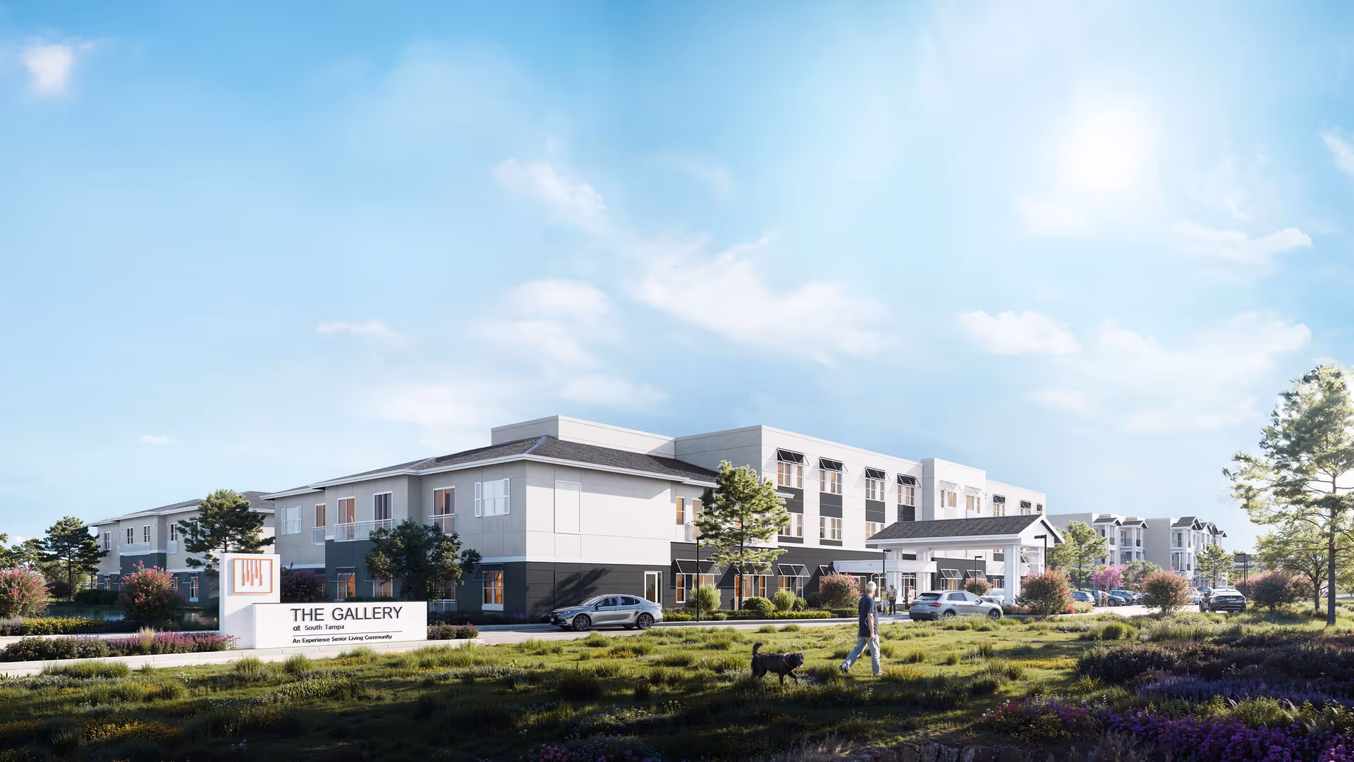Exterior view of The Gallery at South Tampa senior living community building with a person walking a dog on the grass in front, cars parked near the entrance, and a clear blue sky with some clouds.
