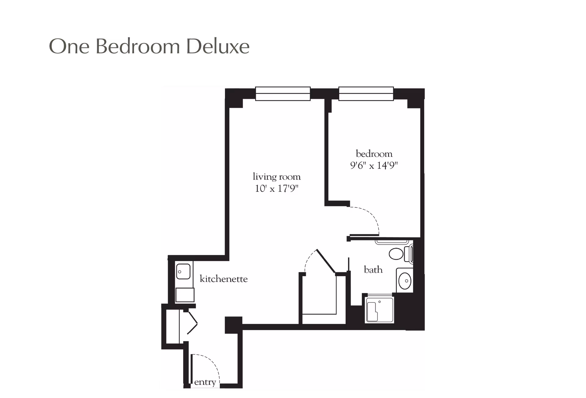 Floor plan layout of a one bedroom deluxe apartment showing a living room measuring 10 feet by 17 feet 9 inches, a bedroom measuring 9 feet 6 inches by 14 feet 9 inches, a bath, a kitchenette, and an entry area.
