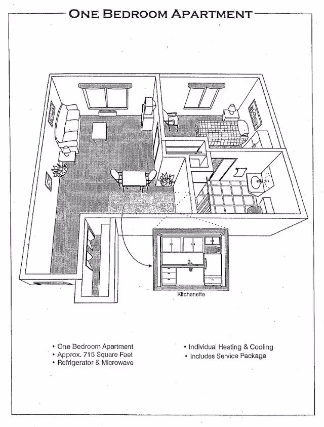 Floor plan illustration of a one-bedroom apartment showing a living room with sofa, coffee table, dining table with chairs, a bedroom with a bed and chair, a bathroom with sink and toilet, and a kitchenette with refrigerator and microwave. The apartment is approximately 715 square feet and includes individual heating and cooling and a service package.