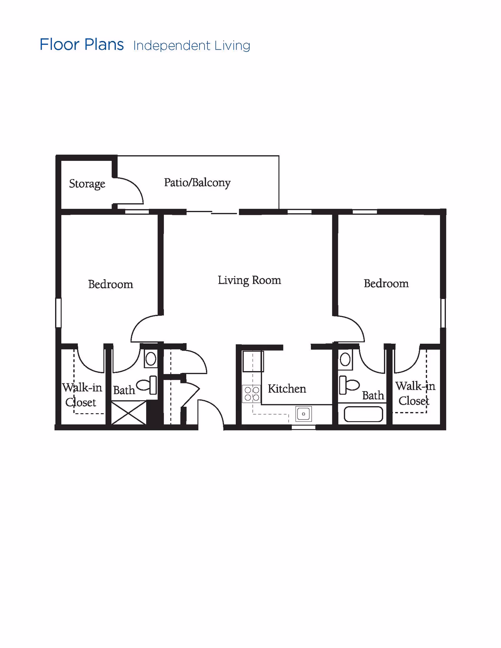Floor plan layout for an independent living unit at Brookdale Cedar Springs showing two bedrooms, two bathrooms, two walk-in closets, a kitchen, a living room, a patio/balcony, and a storage area.