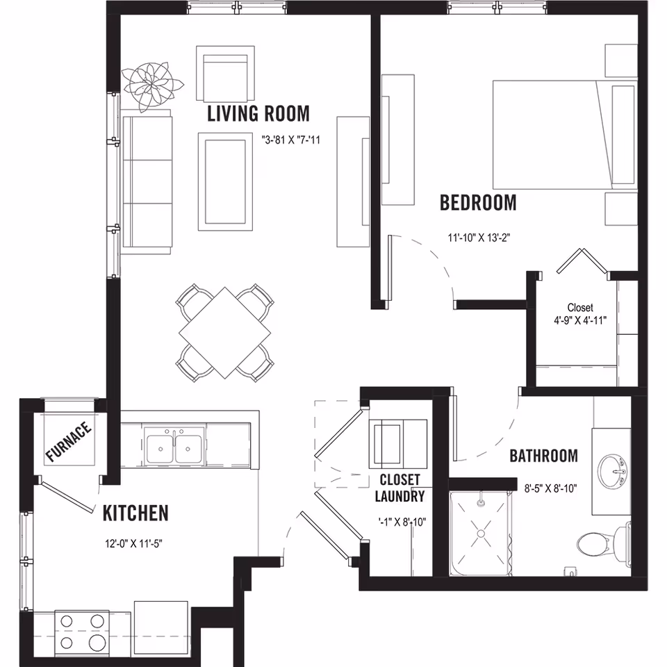Architectural floor plan of a senior living apartment unit showing a living room with sofa, chairs, and table, a kitchen with stove and sink, a bedroom with bed and closet, a bathroom with shower, toilet, and sink, and a laundry closet.
