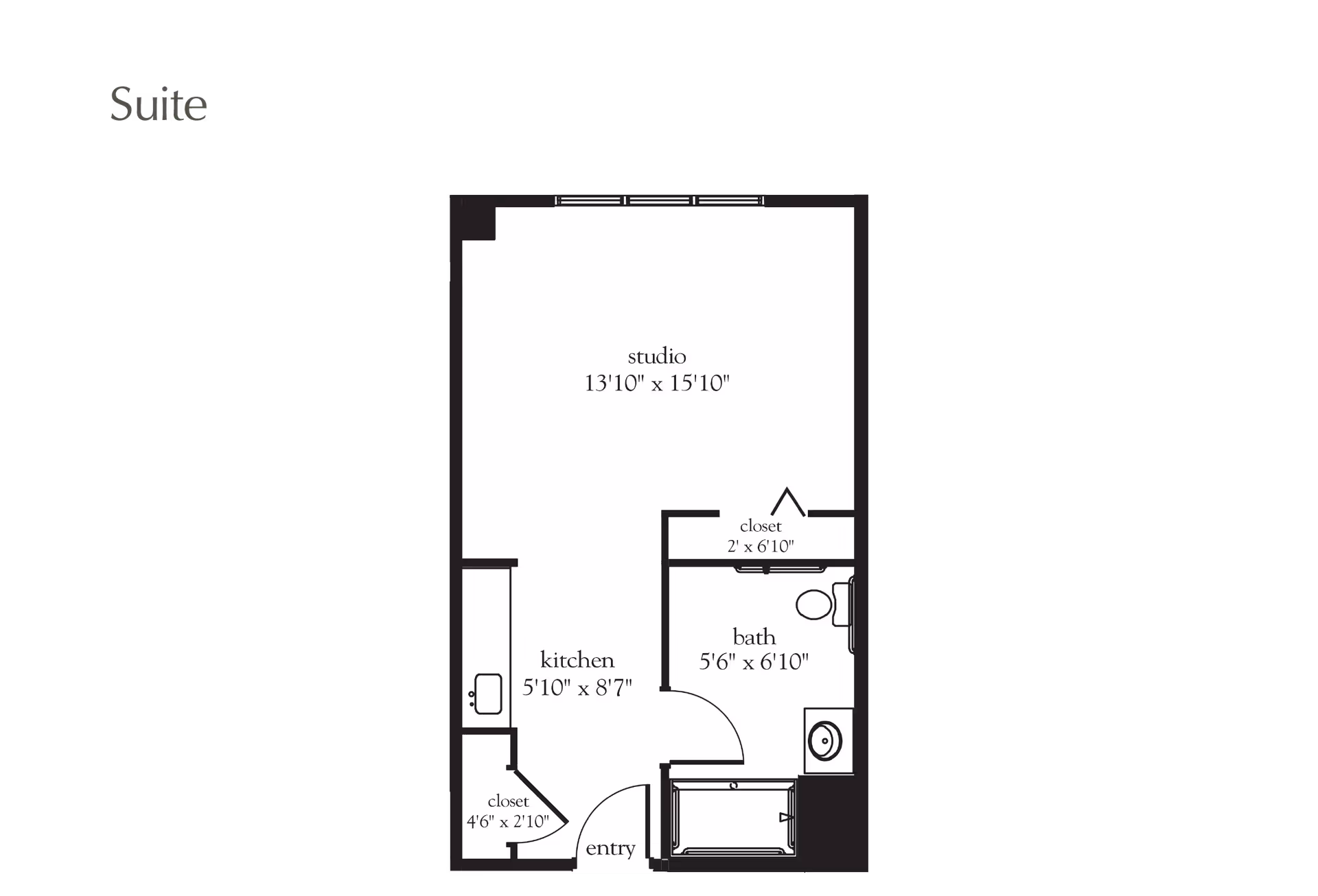 Floor plan of a suite at Atria Darien showing a studio area measuring 13'10" x 15'10", a kitchen measuring 5'10" x 8'7", a bathroom measuring 5'6" x 6'10", and two closets with dimensions 4'6" x 2'10" and 2' x 6'10". The entry is located near the kitchen and bathroom.