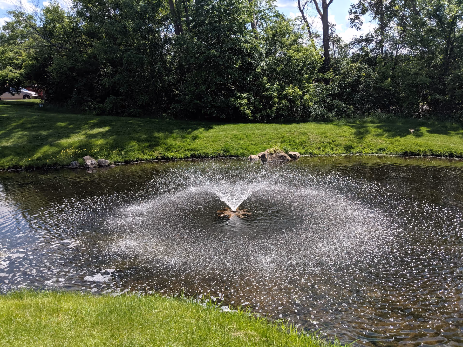 A small pond with a water fountain spraying water in a circular pattern, surrounded by green grass and dense trees in the background under a partly cloudy sky.