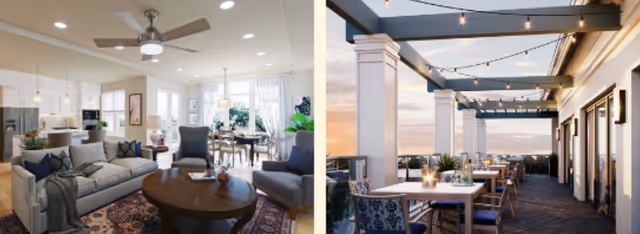 Left side shows a bright and spacious living room with a ceiling fan, beige walls, a large window, a gray sofa, armchairs, a round wooden coffee table, and a dining area in the background. Right side shows an outdoor patio dining area with tables and chairs under a pergola with string lights, overlooking a scenic view at sunset.