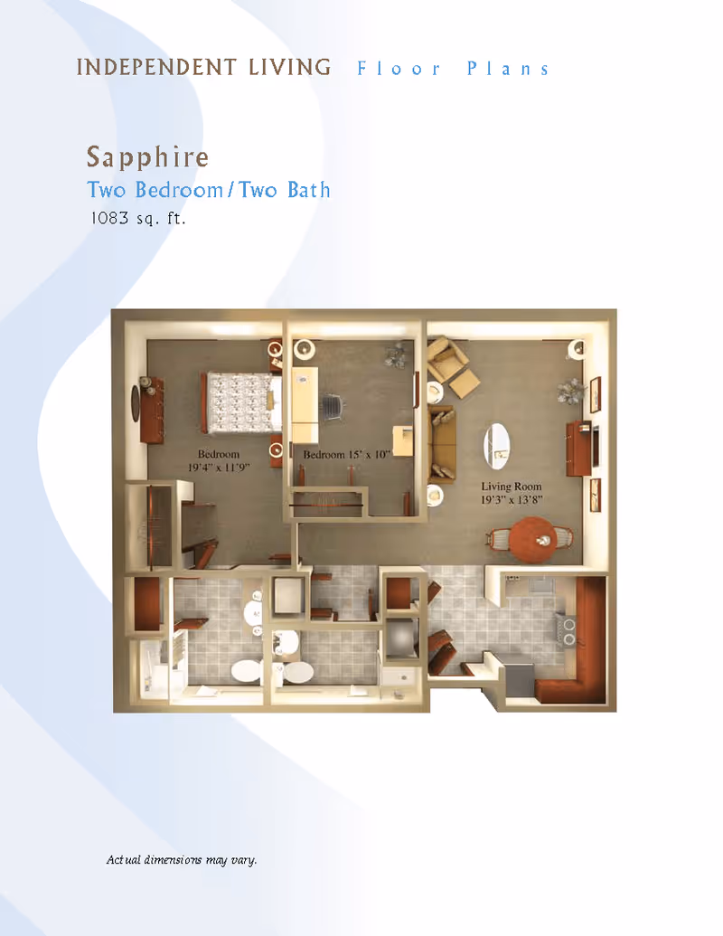 Floor plan of Sapphire model at Rio Terra Senior Living showing a two-bedroom, two-bath apartment with a total area of 1083 square feet. The layout includes a living room, kitchen, two bedrooms, and two bathrooms.