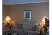 A cozy living room with a floral patterned sofa adorned with green and pink cushions. There are two side tables, each with a lamp, and a framed floral picture hanging on the wall above the sofa. A television is partially visible on the right side.
