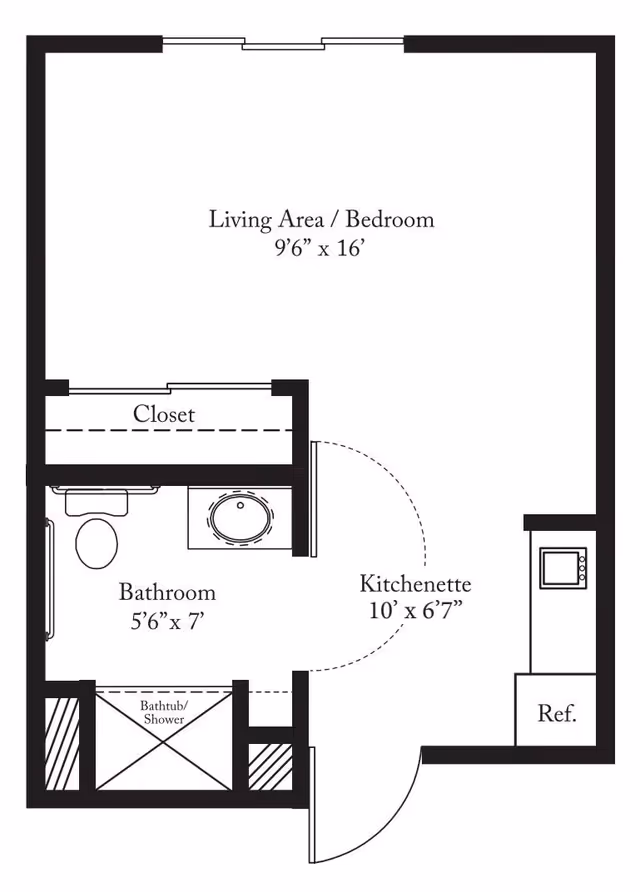 Floor plan of a senior living unit at Senior Star at Elmore Place showing a living area/bedroom measuring 9 feet 6 inches by 16 feet, a bathroom measuring 5 feet 6 inches by 7 feet with a bathtub/shower, a closet, and a kitchenette measuring 10 feet by 6 feet 7 inches with a refrigerator and microwave.