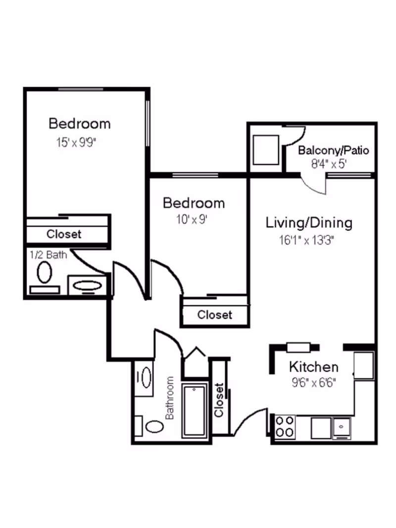 Floor plan of an apartment at Porthaven Manor showing two bedrooms, one full bathroom, one half bathroom, a kitchen, a living/dining area, closets, and a balcony/patio.