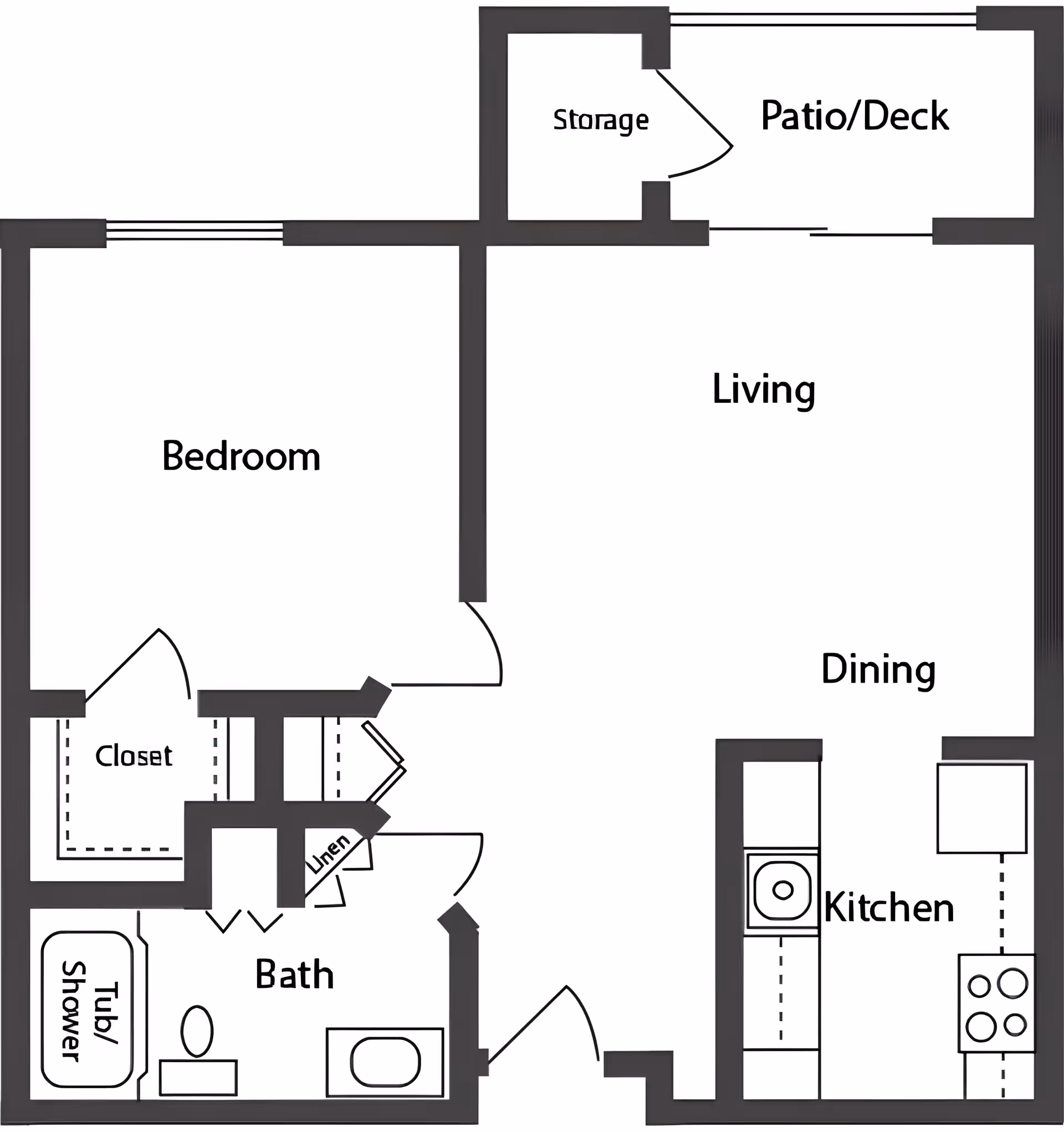 Black-and-white floor plan of a one-bedroom apartment showing a bedroom, living and dining areas, kitchen, bathroom, closet, linen closet, and a patio/deck with storage.