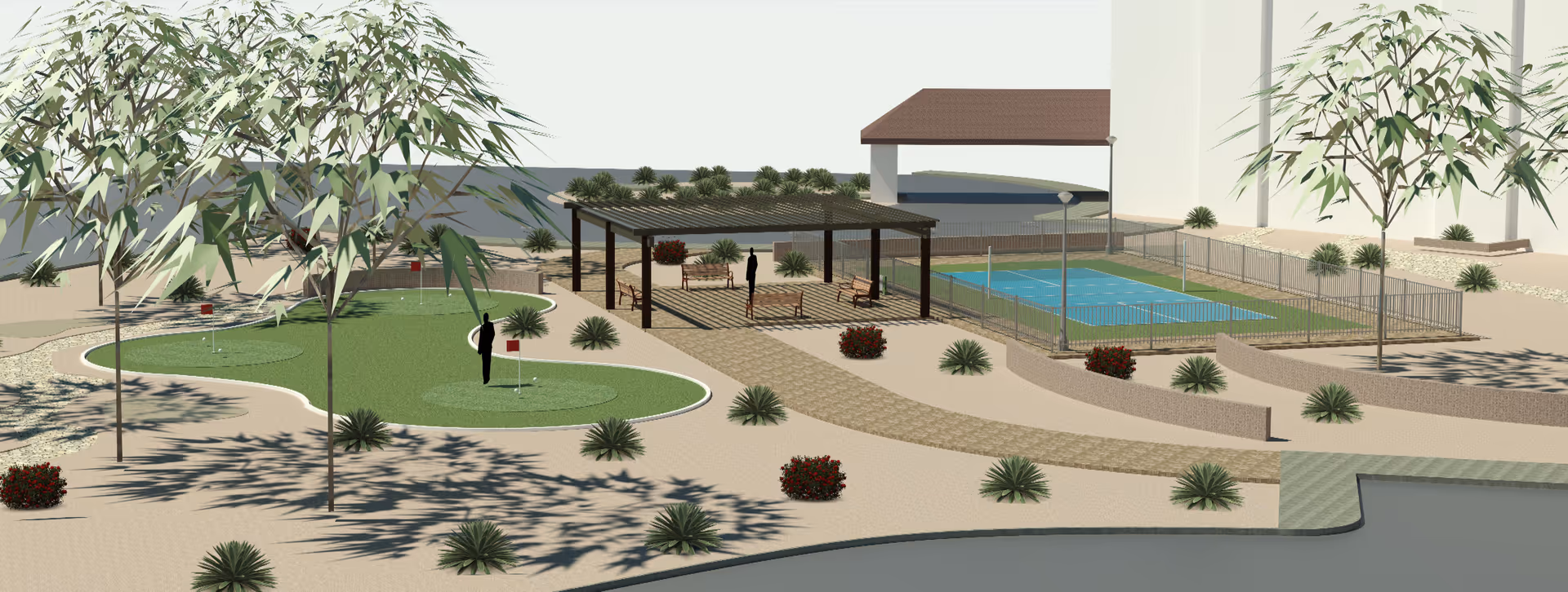 Rendered outdoor area of Fountain View Village featuring a small putting green with flags, a shaded pergola with benches, a fenced basketball court, and various desert plants and trees along paved walkways.