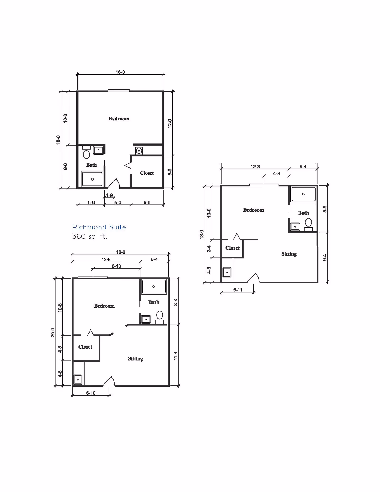 Architectural floor plans showing three different layouts of the Richmond Suite, each with labeled areas including bedroom, bath, closet, and sitting spaces, along with dimensions in feet and inches.