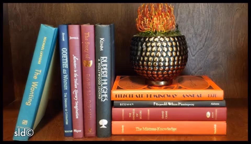 Wooden shelf holding a row of stacked books and a decorative textured vase with a small plant.