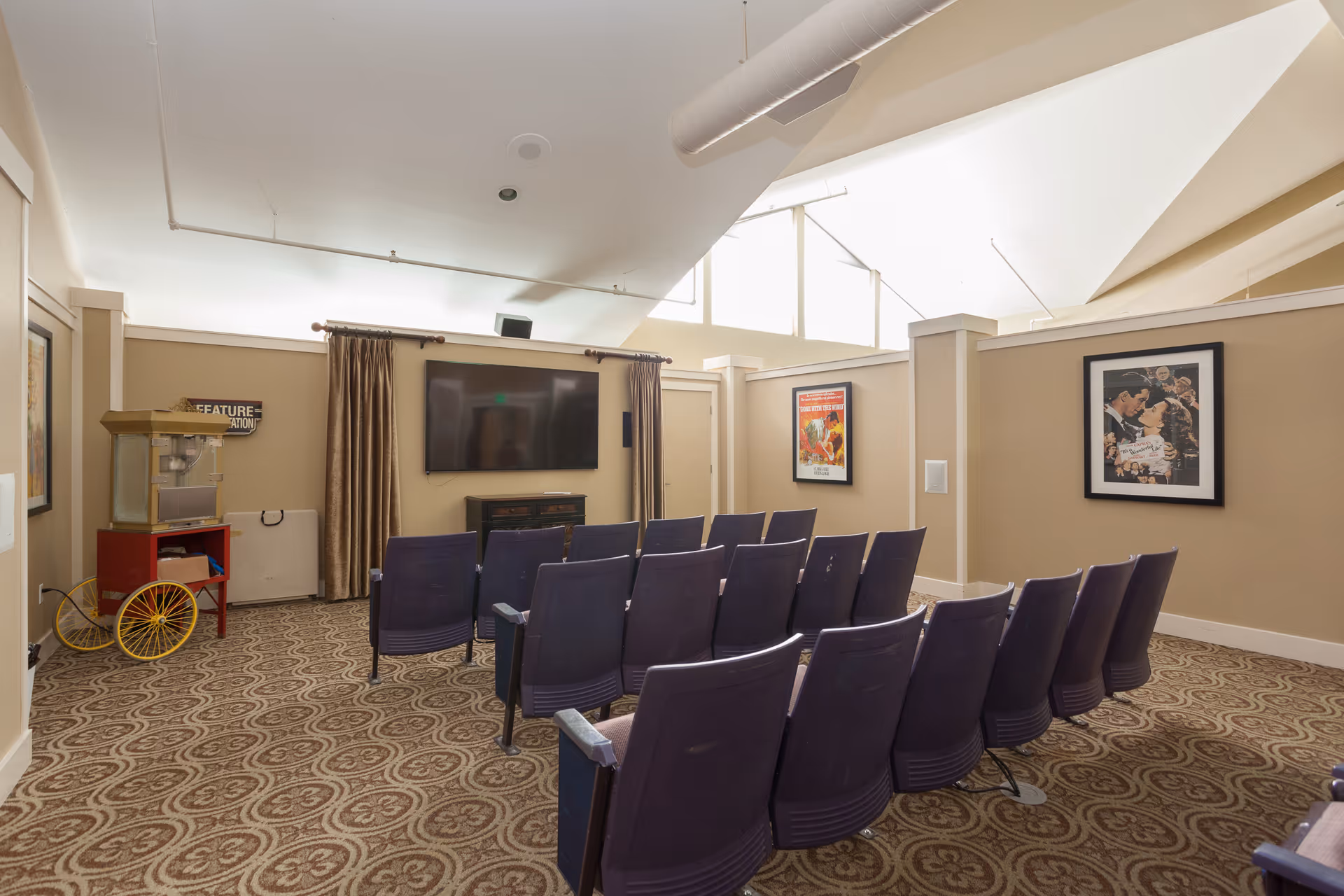 Small screening room with rows of theater chairs facing a wall-mounted TV, a popcorn cart, and movie posters on the walls.