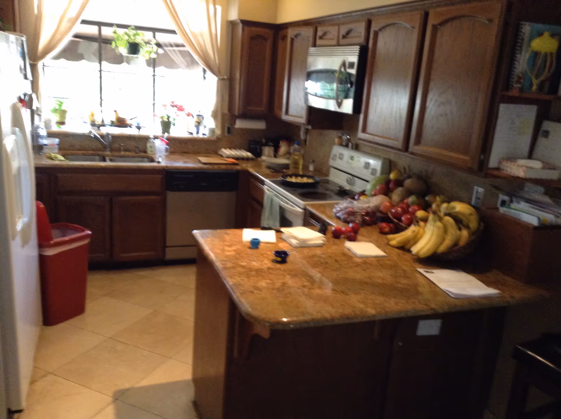 A kitchen with wooden cabinets, a granite countertop island, and various fruits including bananas and apples on the counter. There is a stove, microwave, dishwasher, and a window with curtains and potted plants on the windowsill.