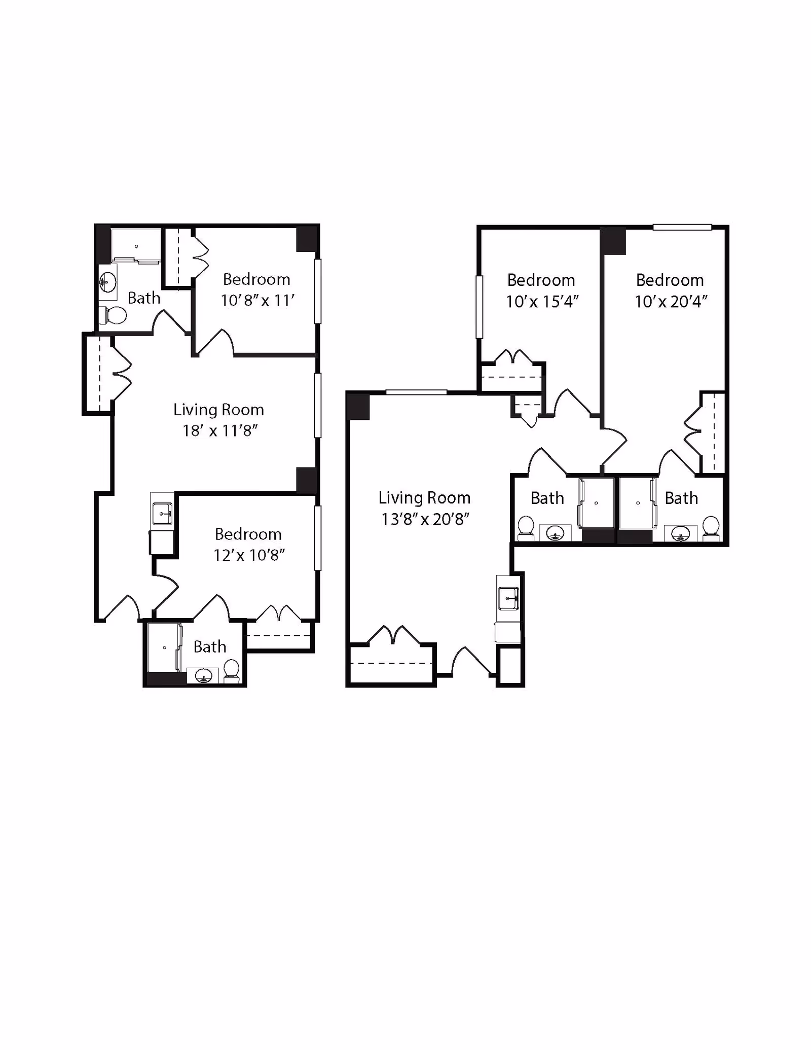 Black and white architectural floor plan showing two separate apartment layouts. Each layout includes bedrooms, bathrooms, and living rooms with dimensions labeled. The left layout has two bedrooms, two bathrooms, and a living room. The right layout has two bedrooms, two bathrooms, and a living room.