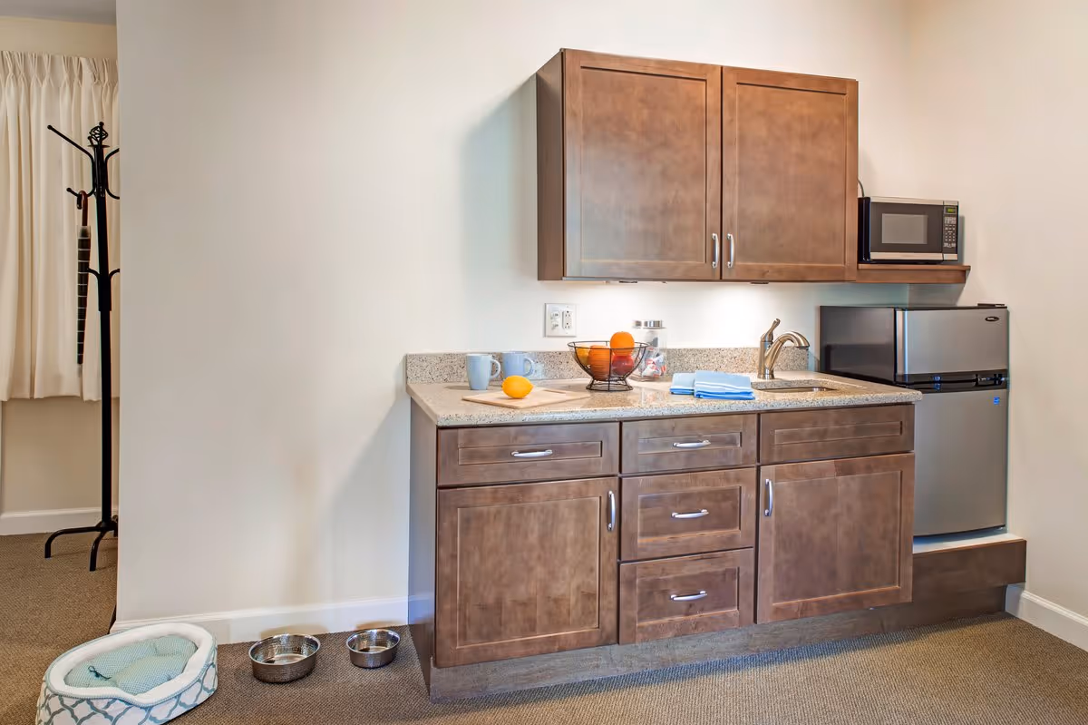 A small kitchenette area with wooden cabinets, a granite countertop, a sink, a microwave, and a mini refrigerator. On the countertop, there are two mugs, a fruit basket with oranges and apples, a lemon on a cutting board, and a folded blue towel. To the left, there is a pet bed and two metal pet bowls on the carpeted floor. A coat rack and a window with white curtains are visible in the background.