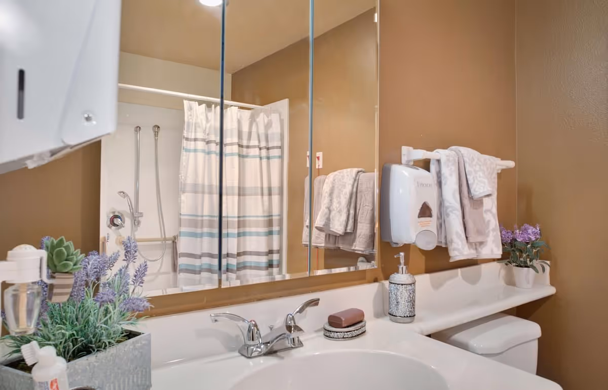 Bathroom vanity with sink and mirror, soap dispenser, towels and plants, and a shower with a striped curtain reflected in the mirror.