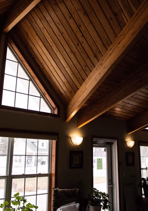 Interior view of a room with a high wooden vaulted ceiling featuring exposed beams. Large windows allow natural light to enter, and there are wall-mounted light fixtures. A door with a window is visible, along with some indoor plants and furniture partially seen at the bottom.