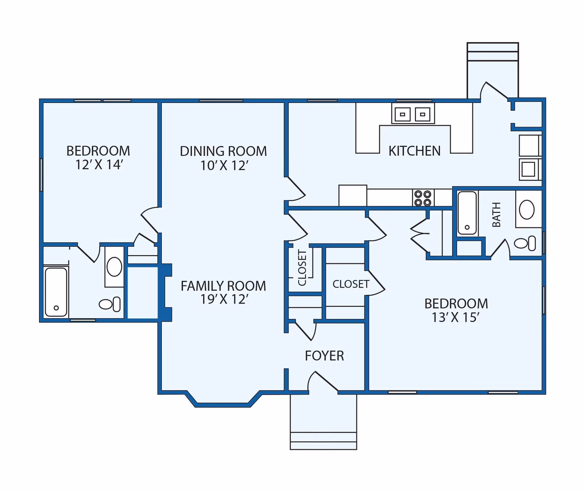 Architectural floor plan of a residential unit showing two bedrooms, a dining room, a family room, a kitchen, two bathrooms, closets, and a foyer with dimensions labeled for each room.