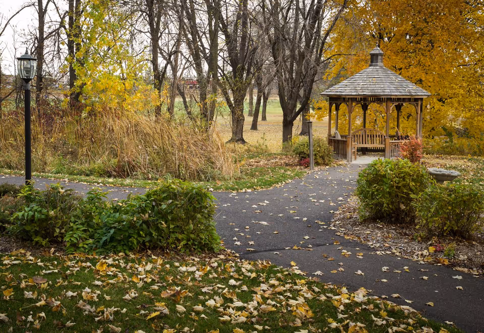 A peaceful outdoor garden area in autumn with a paved pathway leading to a wooden gazebo surrounded by trees with yellow and orange leaves. There are bushes and a lamp post along the path, and fallen leaves scattered on the grass and pavement.