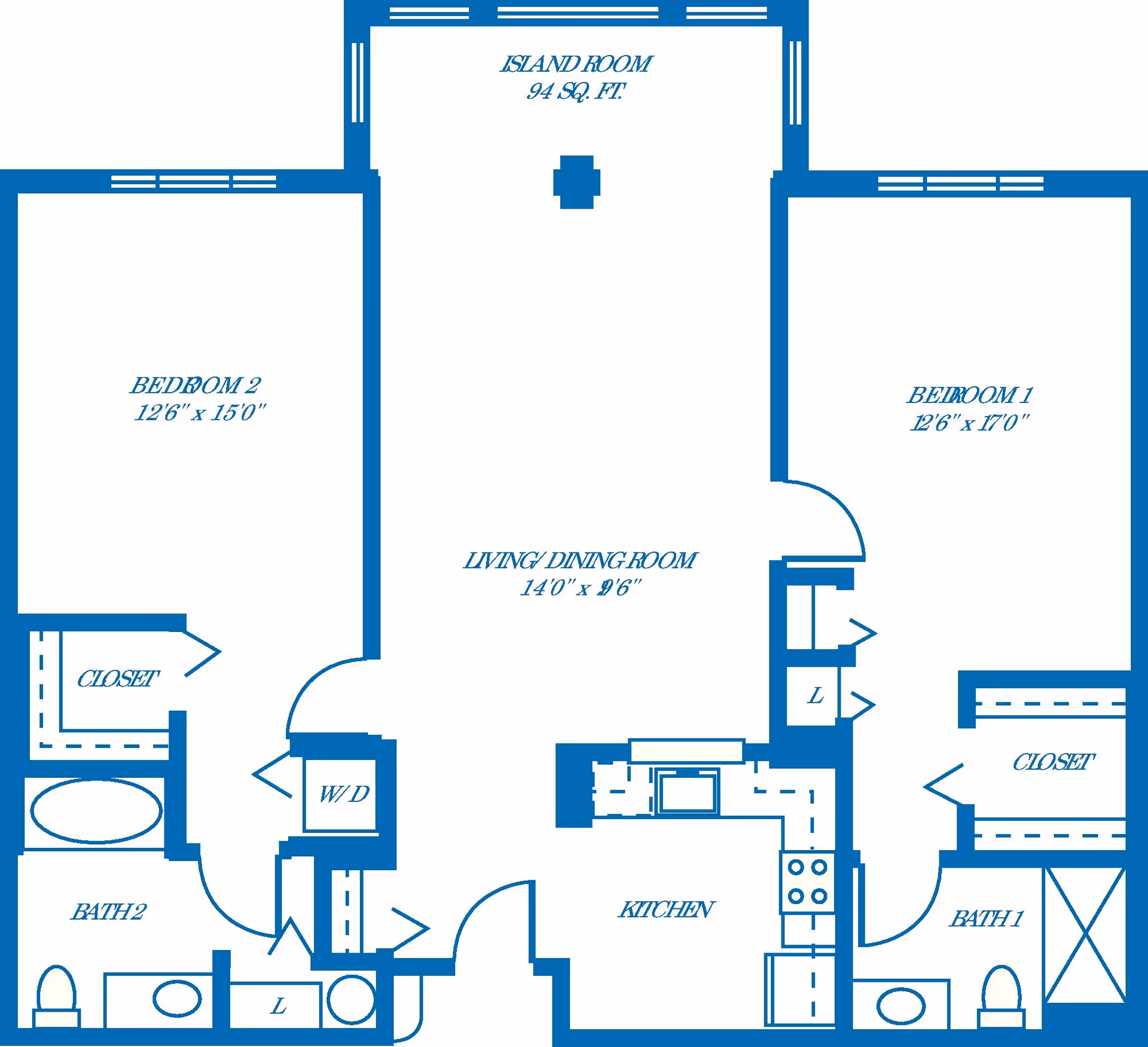 Architectural floor plan of a residential unit at TidePointe, a Vi Community, showing two bedrooms, two bathrooms, a kitchen, a living/dining room, an island room, closets, and washer/dryer area with dimensions labeled.
