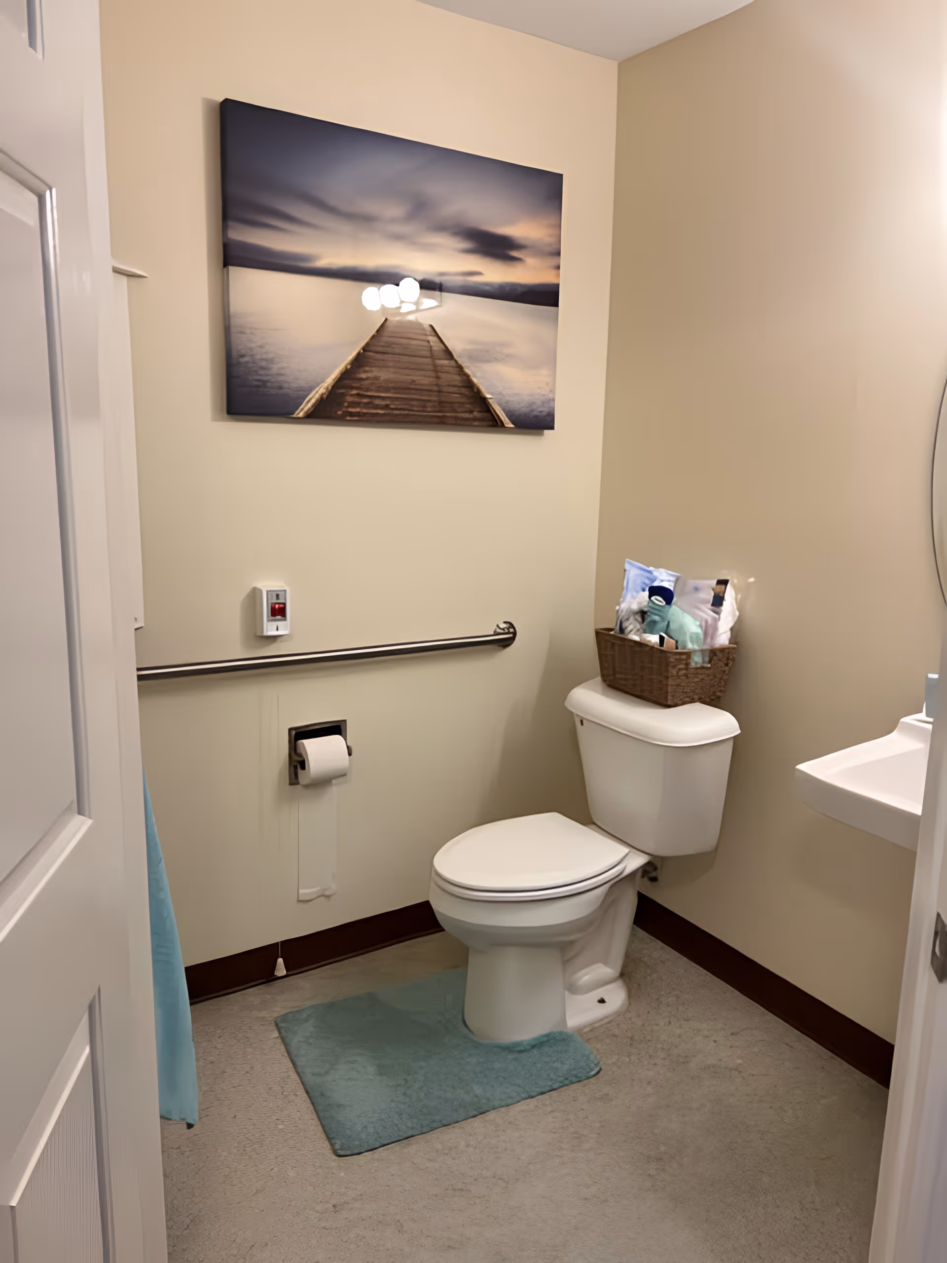 A small bathroom with a white toilet and a light blue bath mat in front of it. There is a basket with toiletries on top of the toilet tank. A grab bar is mounted on the wall behind the toilet, along with a toilet paper holder and an emergency pull cord. A framed picture of a wooden pier extending into a calm body of water at sunset hangs on the wall. A white sink with a mirror is partially visible on the right side.