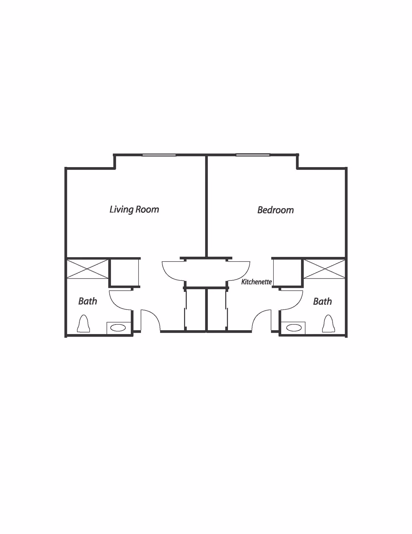 Floor plan showing a layout with a living room, bedroom, kitchenette, and two bathrooms. The living room and bedroom are adjacent, each with its own bathroom. The kitchenette is located between the bedroom and living room areas.