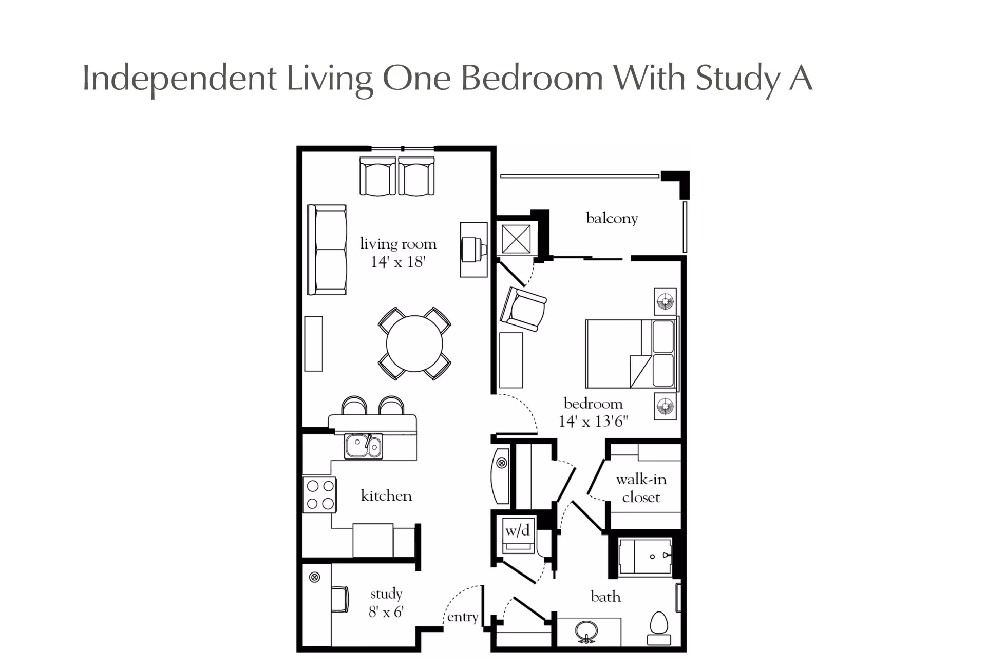 Floor plan of an independent living one-bedroom apartment with study, showing a living room, kitchen, study, bedroom with walk-in closet, bathroom, washer/dryer area, and balcony.