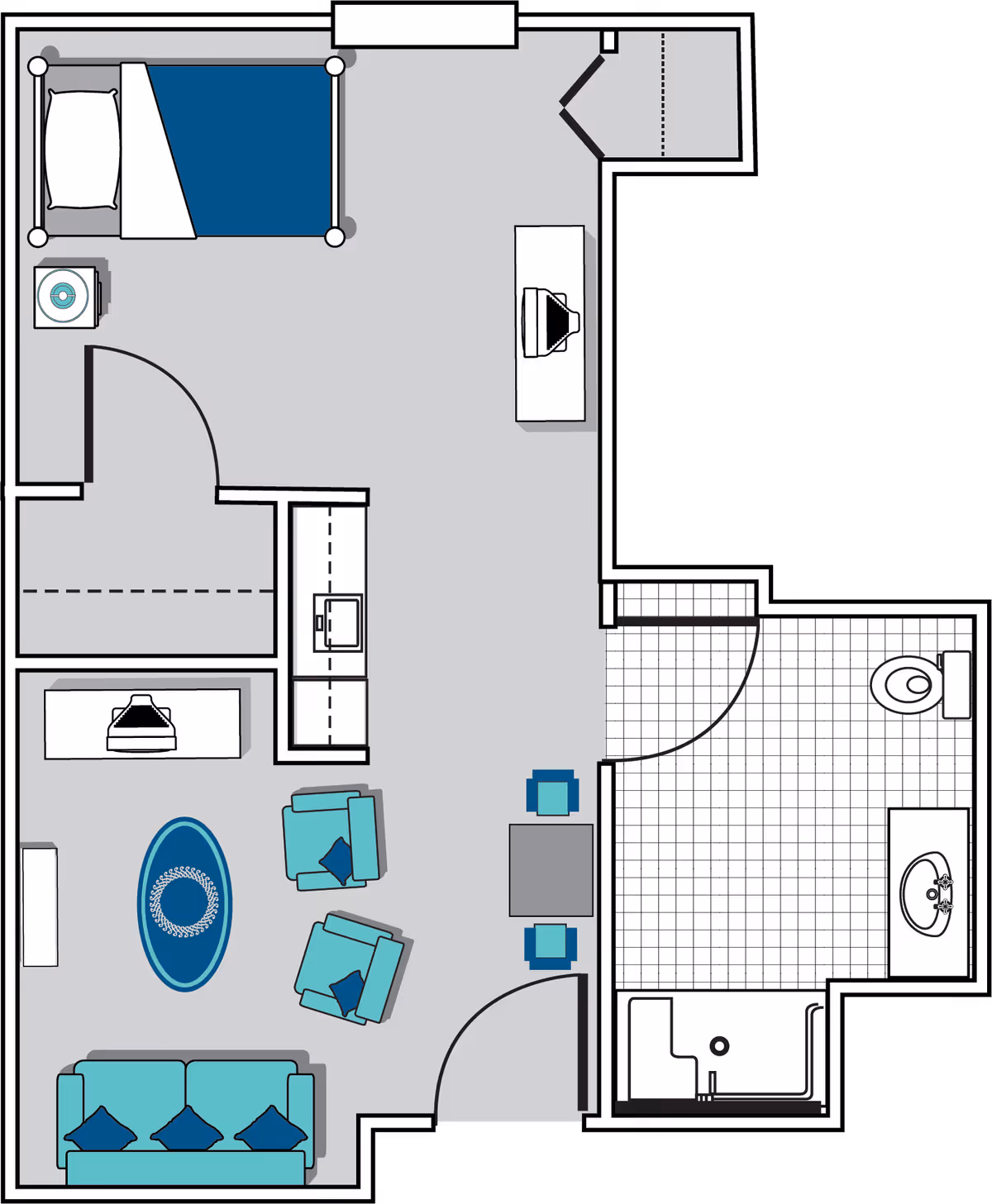 Floor plan of a senior living facility unit showing a bedroom with a bed and nightstand, a living room area with a sofa, two armchairs, a coffee table, and a TV, a small dining area with a table and two chairs, a kitchen area with cabinets and a sink, and a bathroom with a toilet, sink, and shower.