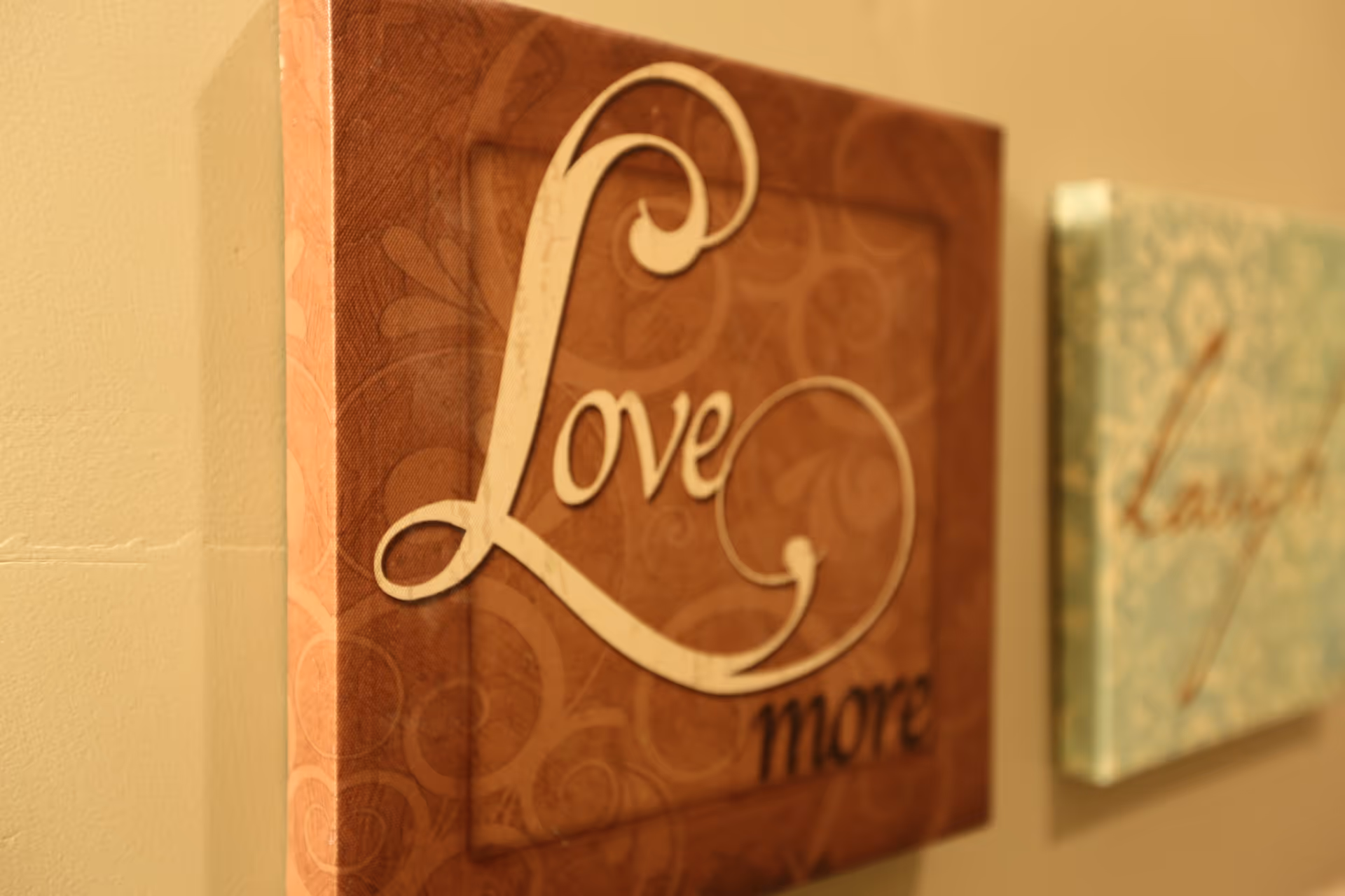 Close-up of a decorative wall art piece with the word 'Love' prominently displayed in elegant script on a brown background, with another blurred piece of wall art in the background.