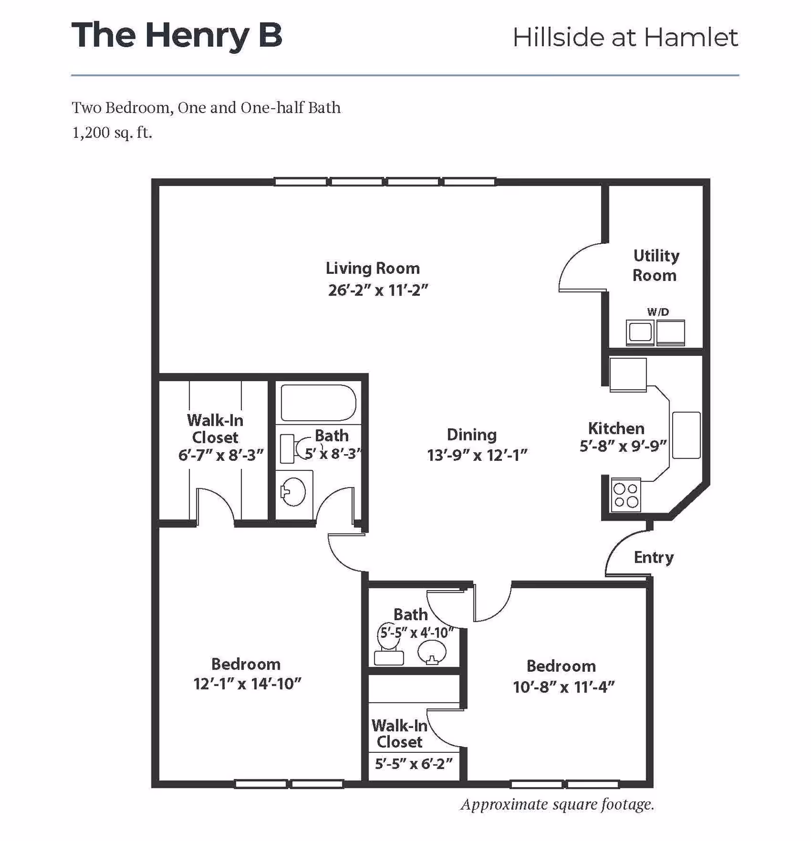 Floor plan of The Henry B at Hillside at Hamlet showing two bedrooms, one and one-half baths, living room, dining area, kitchen, utility room, and walk-in closets with approximate dimensions.