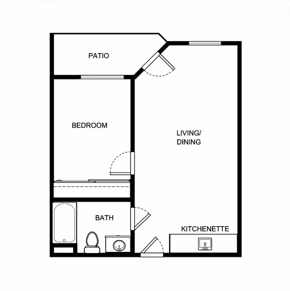Floor plan of a living space showing a patio, bedroom, bathroom, living/dining area, and kitchenette with doors and fixtures marked.
