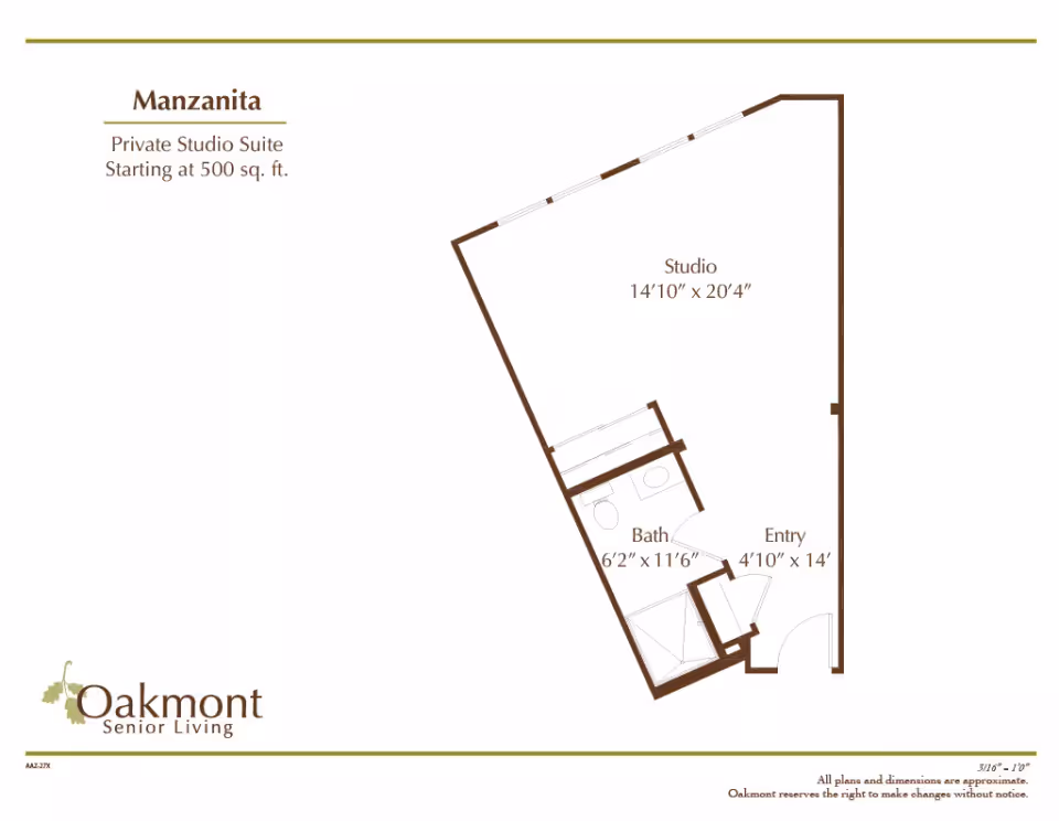 Floor plan of Manzanita private studio suite at Oakmont Senior Living, showing a studio area measuring 14 feet 10 inches by 20 feet 4 inches, a bathroom measuring 6 feet 2 inches by 11 feet 6 inches, and an entry area measuring 4 feet 10 inches by 14 feet.