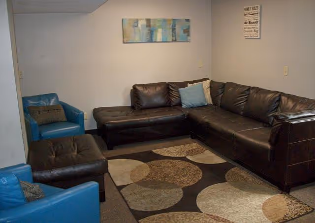 A cozy living room with a brown sectional, blue chairs, wall art, and a circular rug.