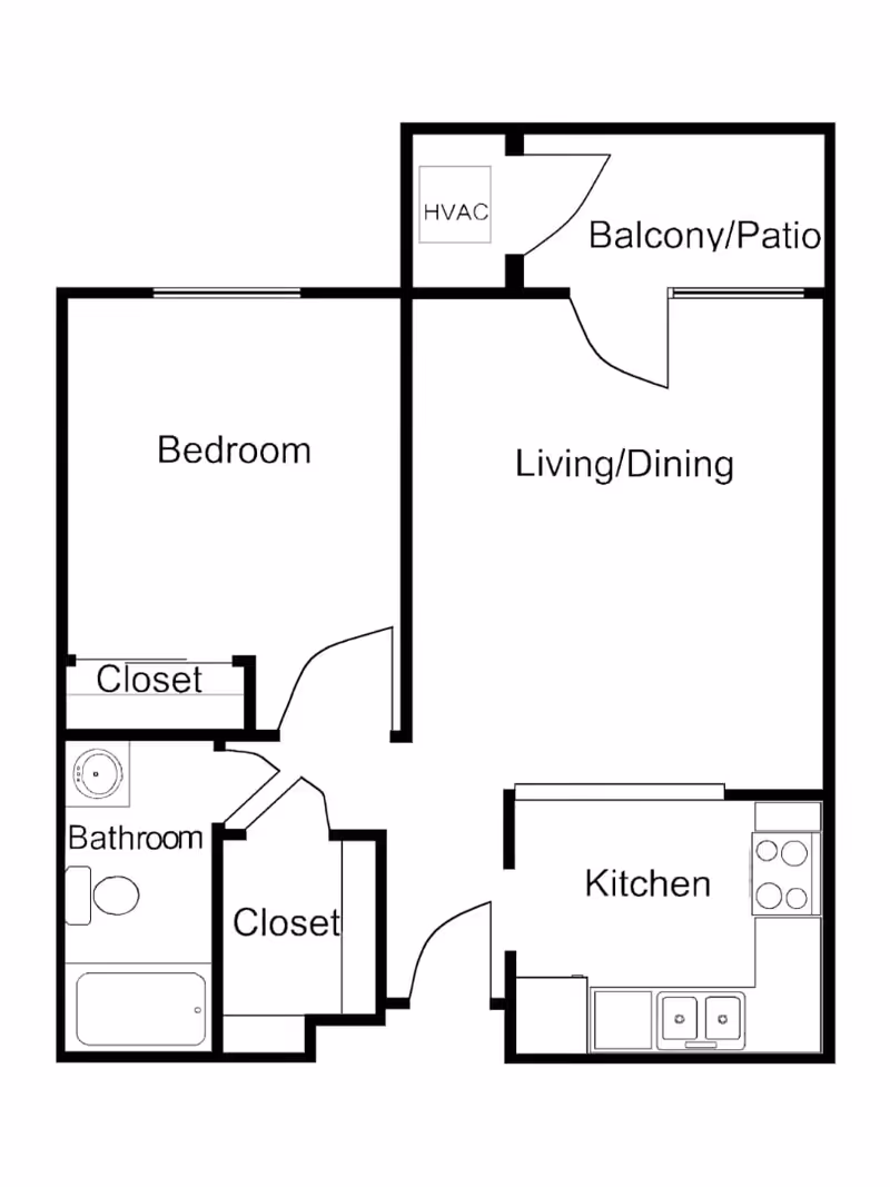 Floor plan of a one-bedroom apartment at Swanhaven Manor Retirement Community showing a bedroom with closet, bathroom, another closet, kitchen, living/dining area, and a balcony/patio with HVAC unit.