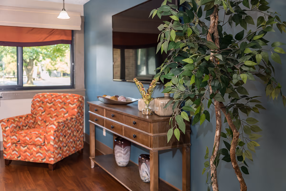 A cozy living room area with a patterned orange armchair near a window, a wooden console table with decorative vases and a bowl, a mounted flat-screen TV on a blue wall, and a tall leafy indoor plant.