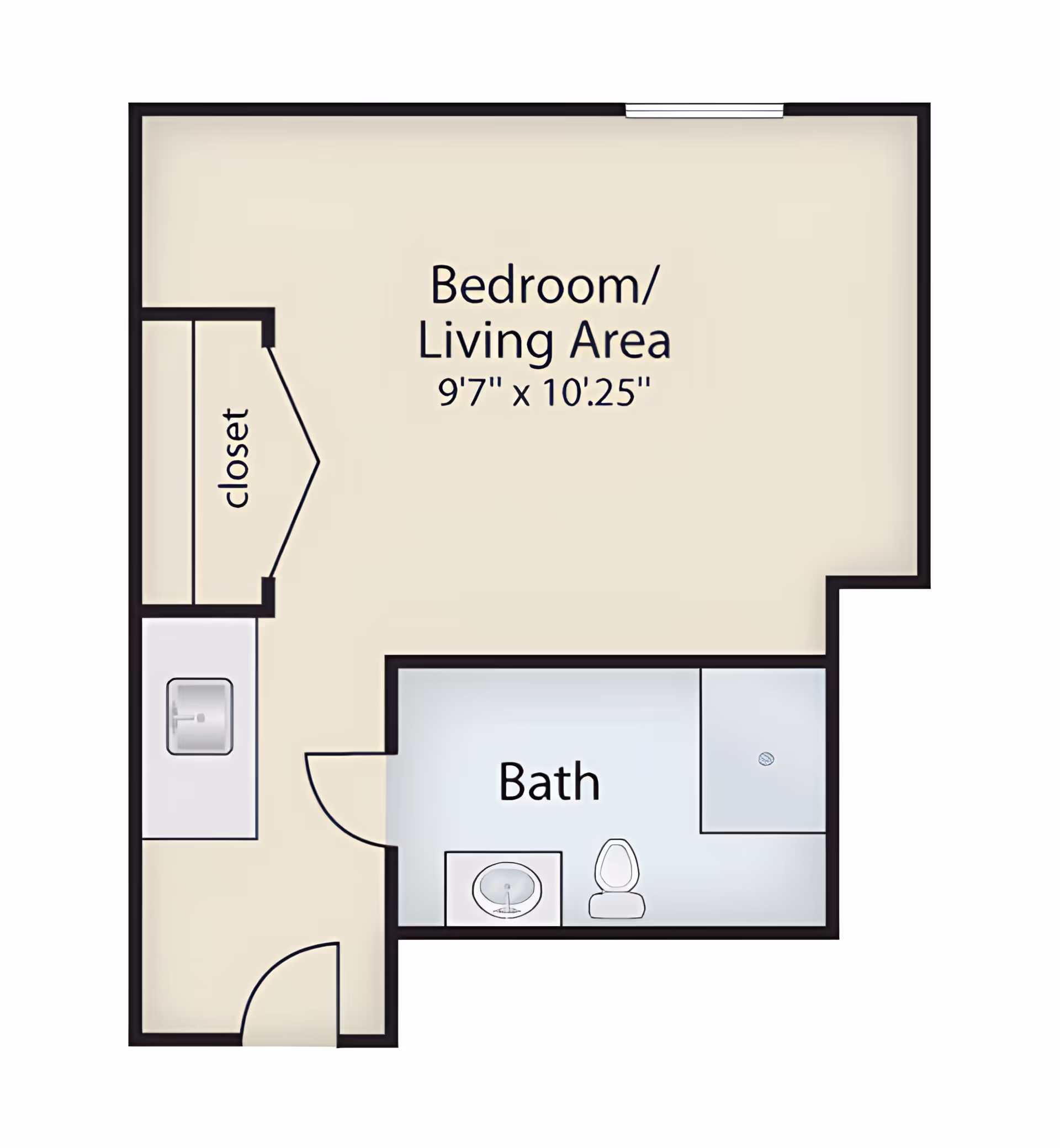 Floor plan layout of a senior living unit at Commonwealth Senior Living at Bel Air showing a combined bedroom and living area measuring 9 feet 7 inches by 10 feet 2.5 inches, a closet, and a bathroom with a sink, toilet, and shower.