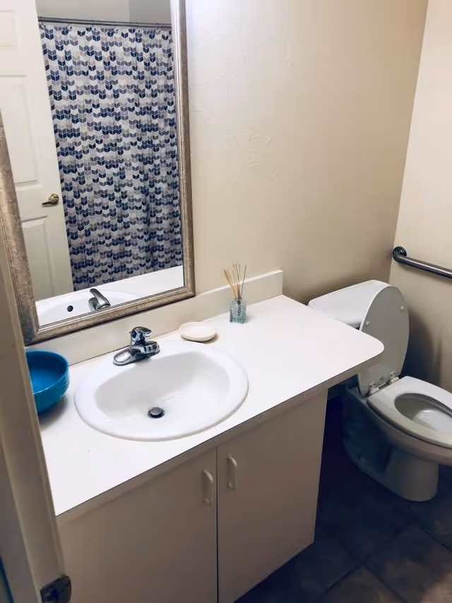 A bathroom with a white sink and countertop, a large mirror above the sink, a blue bowl on the left side of the counter, a small container with reed diffuser sticks, a soap dish, a toilet with the lid up, a grab bar on the wall next to the toilet, and a shower curtain with a blue and white geometric pattern visible in the mirror.