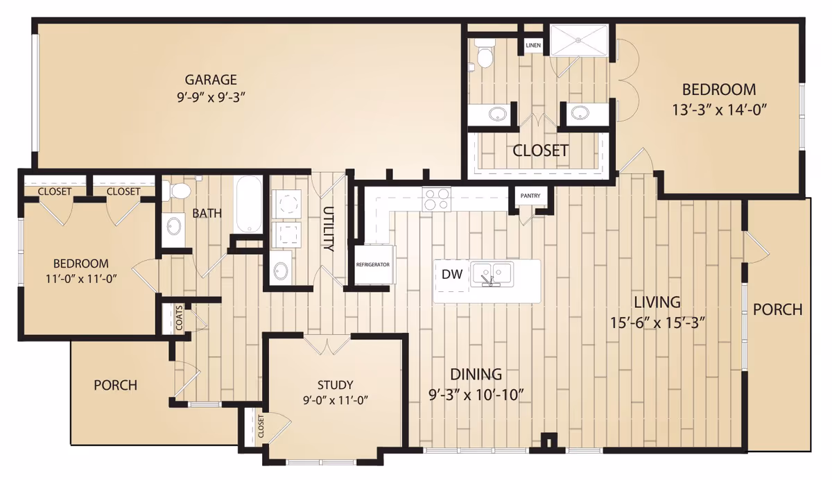 Floor plan of a residential unit at Watermere at Woodland Lakes showing two bedrooms, a study, a living room, dining area, kitchen with island and dishwasher, utility room, bathroom, garage, and two porches.
