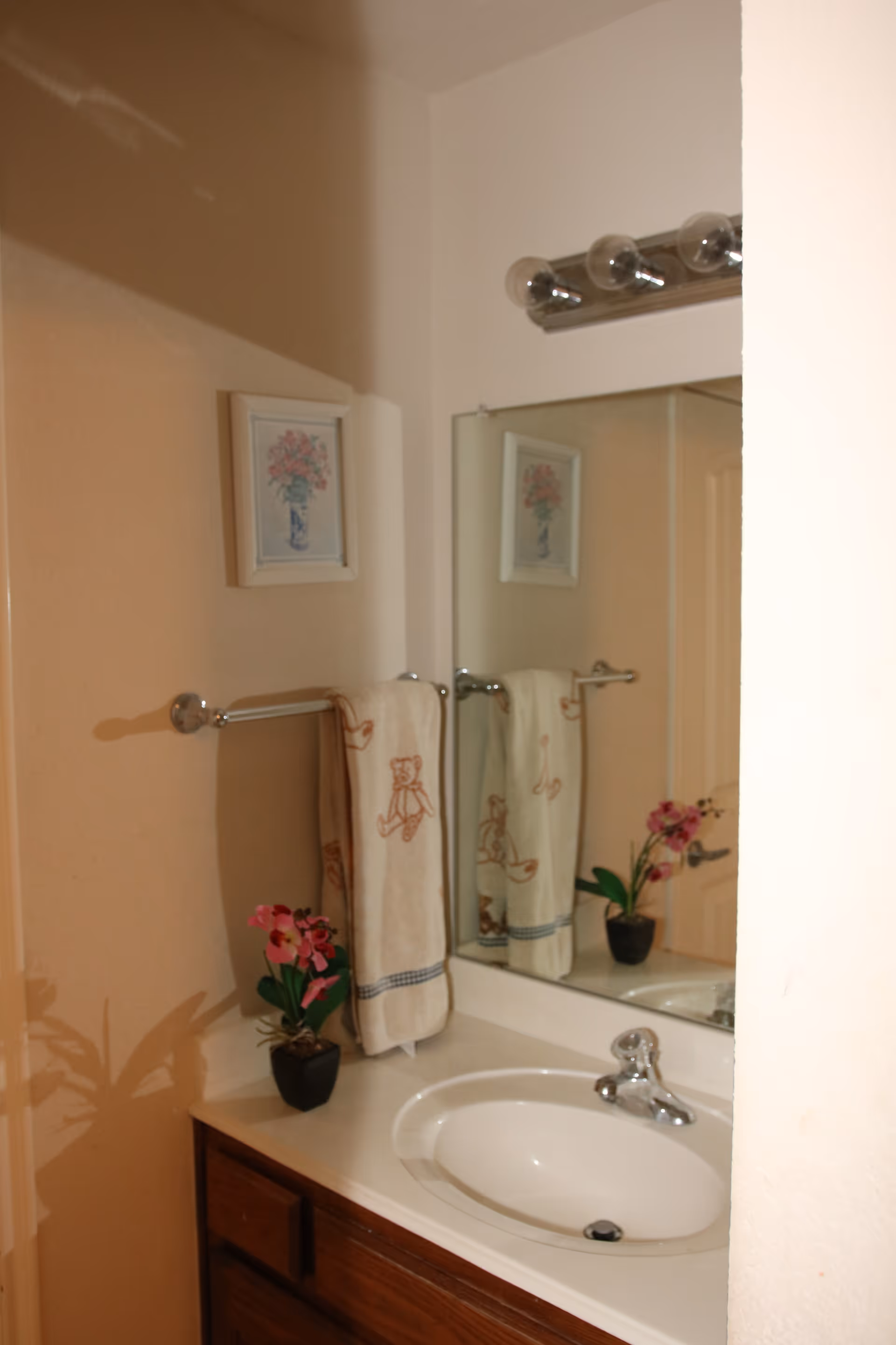 A bathroom sink with a silver faucet set in a white countertop. Above the sink is a large mirror reflecting a towel rack with a towel featuring teddy bear designs. A small potted plant with pink flowers is placed on the countertop. A framed picture of flowers in a vase hangs on the wall above the towel rack. The walls are light-colored and there is a light fixture with four bulbs above the mirror.