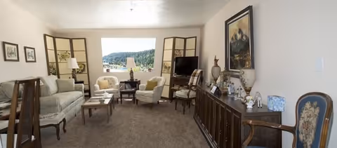 Carpeted living room with sofas and armchairs arranged around a coffee table, a TV on a stand, and a sideboard topped with decorative items beneath a framed painting.
