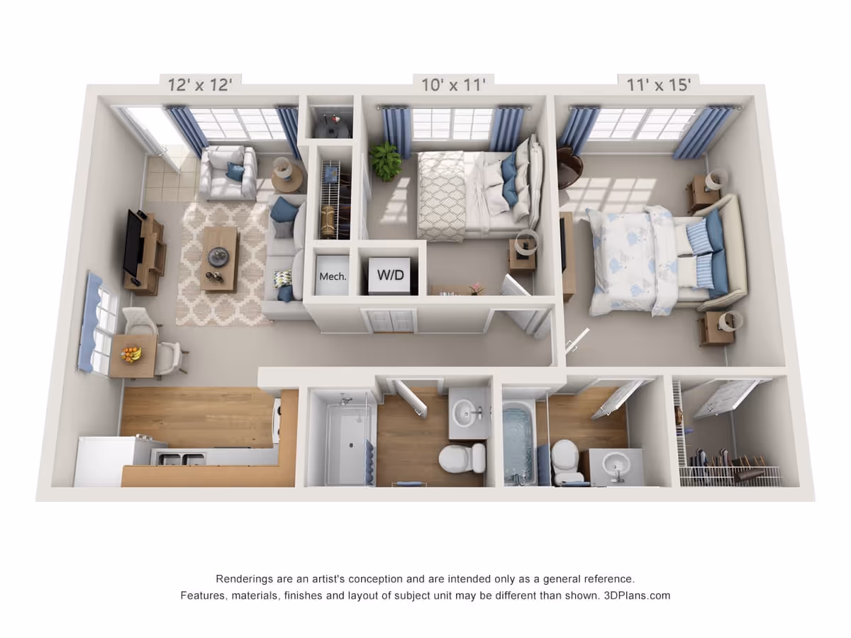 3D rendered floor plan of a two-bedroom apartment showing a living room, kitchen, two bedrooms, two bathrooms and closets.