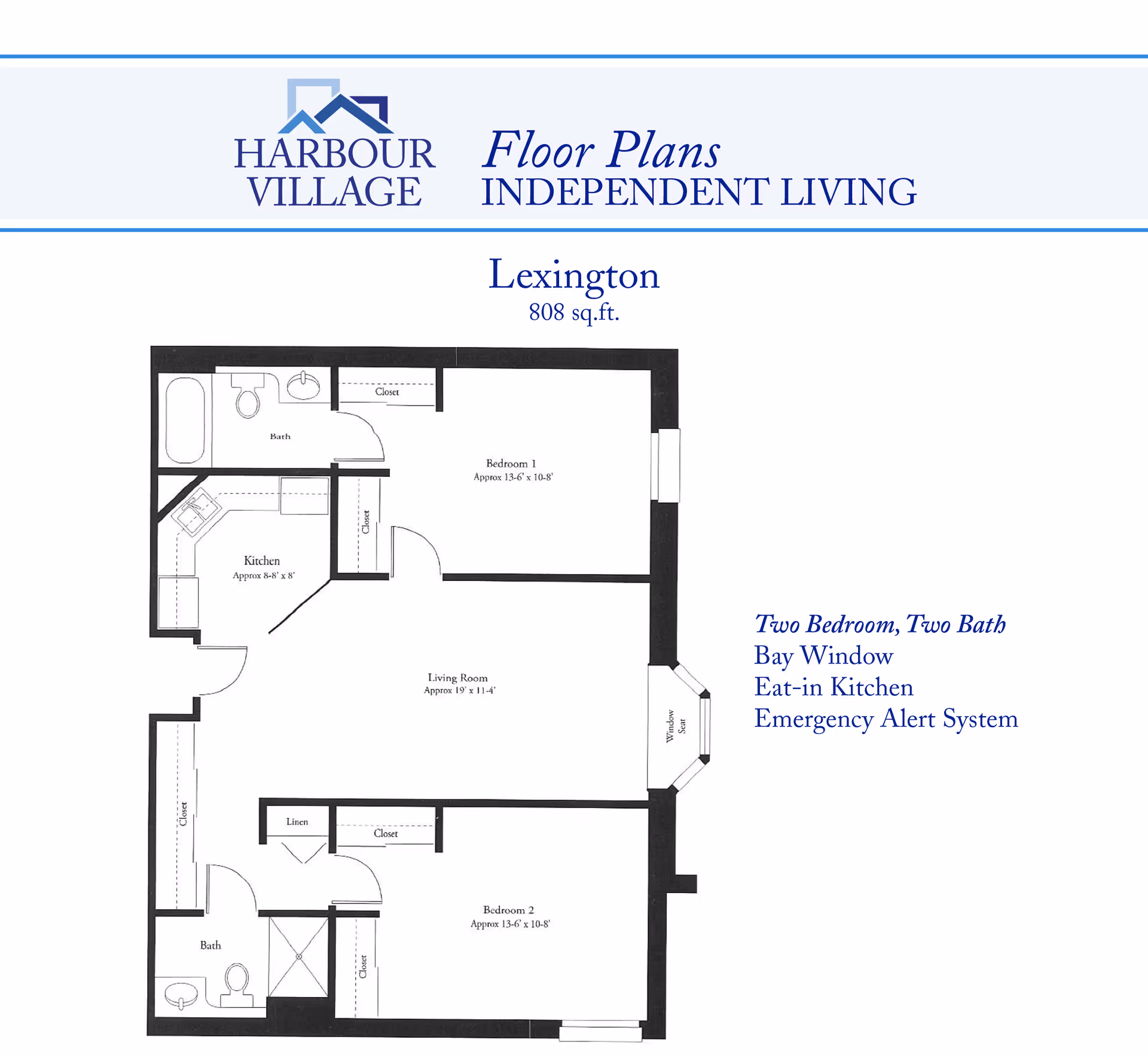 Floor plan of Lexington unit at Harbour Village showing an 808 square feet independent living layout with two bedrooms, two bathrooms, a kitchen, living room, closets, and a window seat.