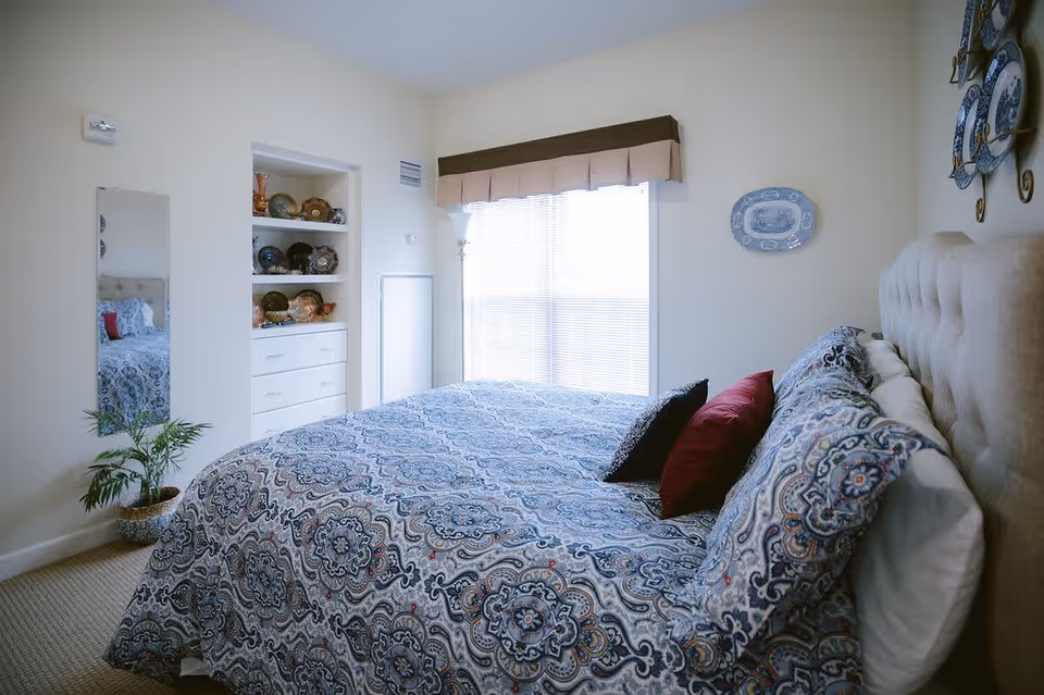 Sunlit bedroom with a patterned blue bedspread, upholstered headboard, decorative plates on the wall, built-in shelving and a mirror.