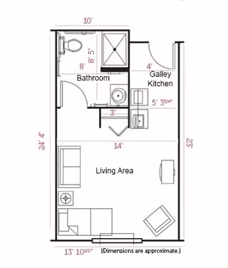 Architectural floor plan of a senior living unit at Evergreen Senior Living showing a living area with furniture, a galley kitchen, and a bathroom with toilet and shower. Dimensions are marked around the layout.