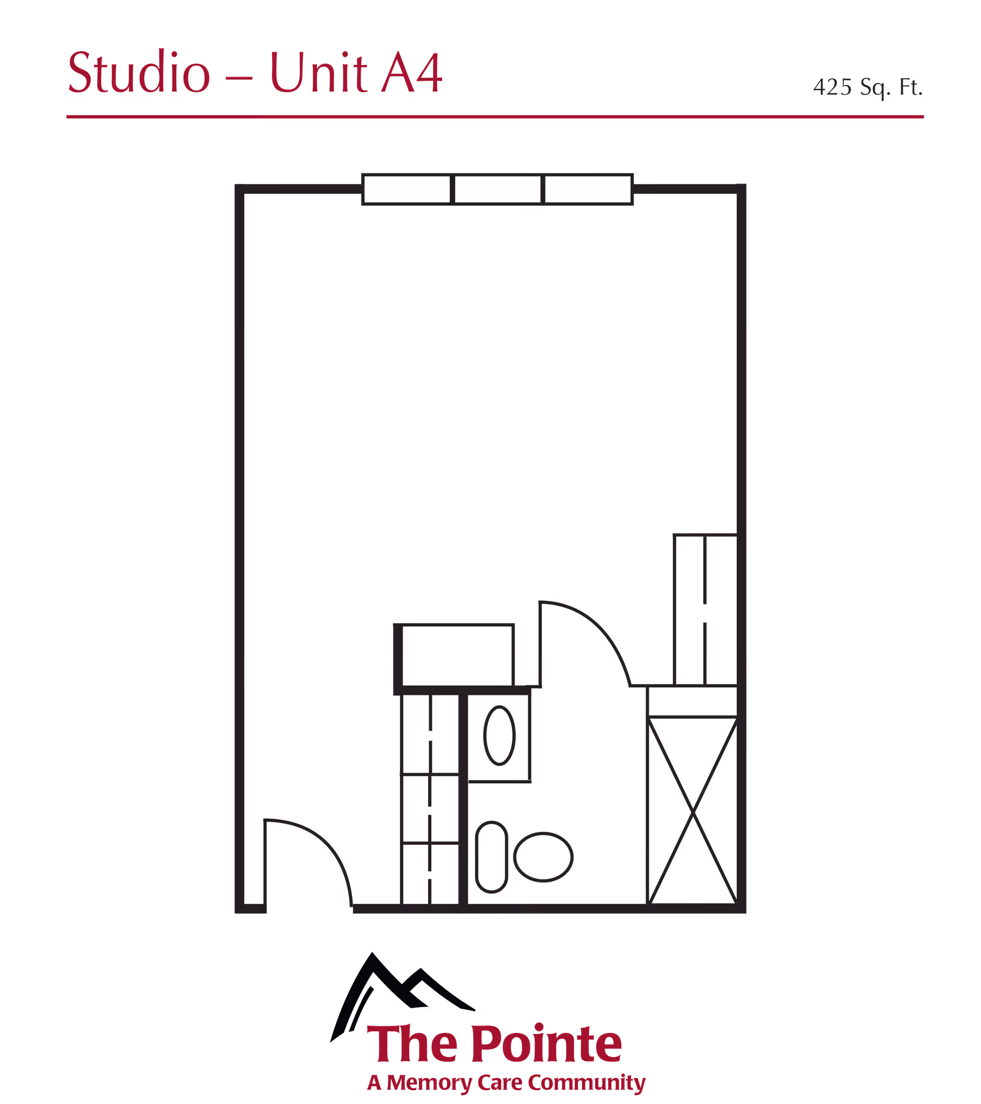 Floor plan layout of Studio Unit A4 at The Pointe, a memory care community, showing a 425 square feet space with a main living area, a bathroom, and closet/storage spaces.