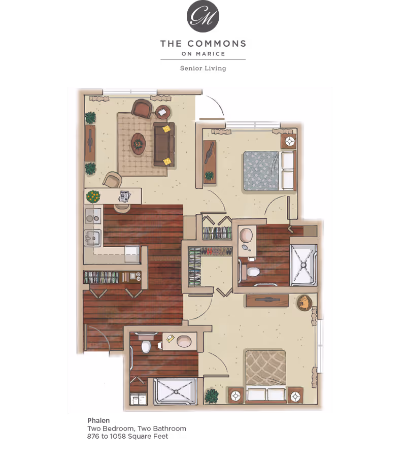 Floor plan of a two-bedroom, two-bathroom senior living apartment at The Commons on Marice, showing a living room with sofa and chairs, a kitchen with appliances, two bedrooms with beds and furniture, and two bathrooms with sinks, toilets, and showers.
