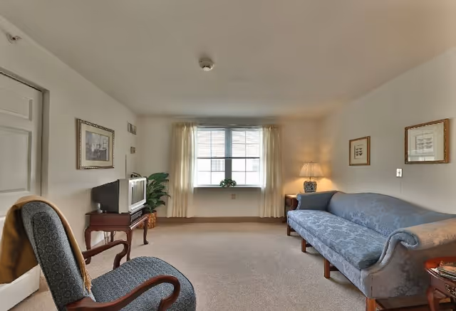 A simple living room with a blue patterned sofa on the right, a wooden chair with blue upholstery on the left, a small wooden table with a lamp beside the sofa, a TV on a wooden stand against the left wall, a potted plant next to the TV, and a large window with white curtains in the center background.